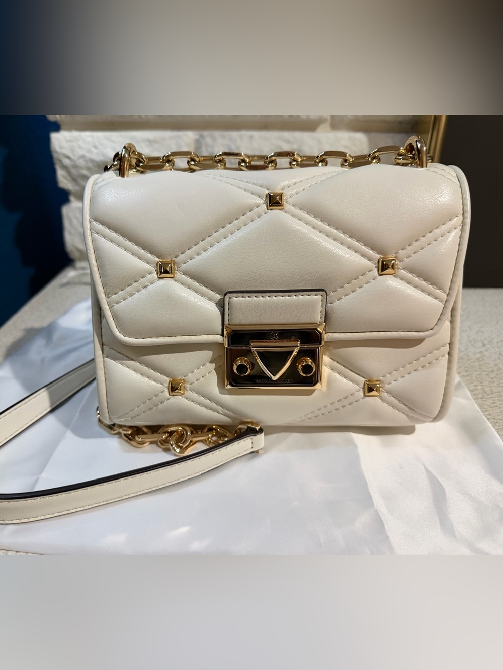 Michael Kors White Quilted Crossbody with Gold Hardware